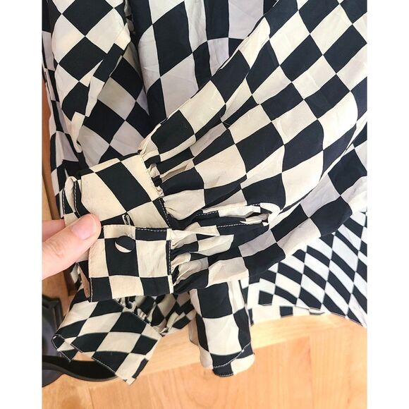 Vtg Josephine Chaus 100% Silk Black White 8 Geometric Modern Minimalist Blouse - Picture 5 of 7